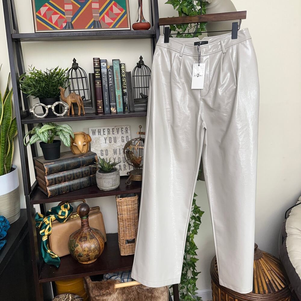 7 FOR ALL MANKIND Patent Faux Leather Pleated Wide Leg Pants Stone Cream {M30}